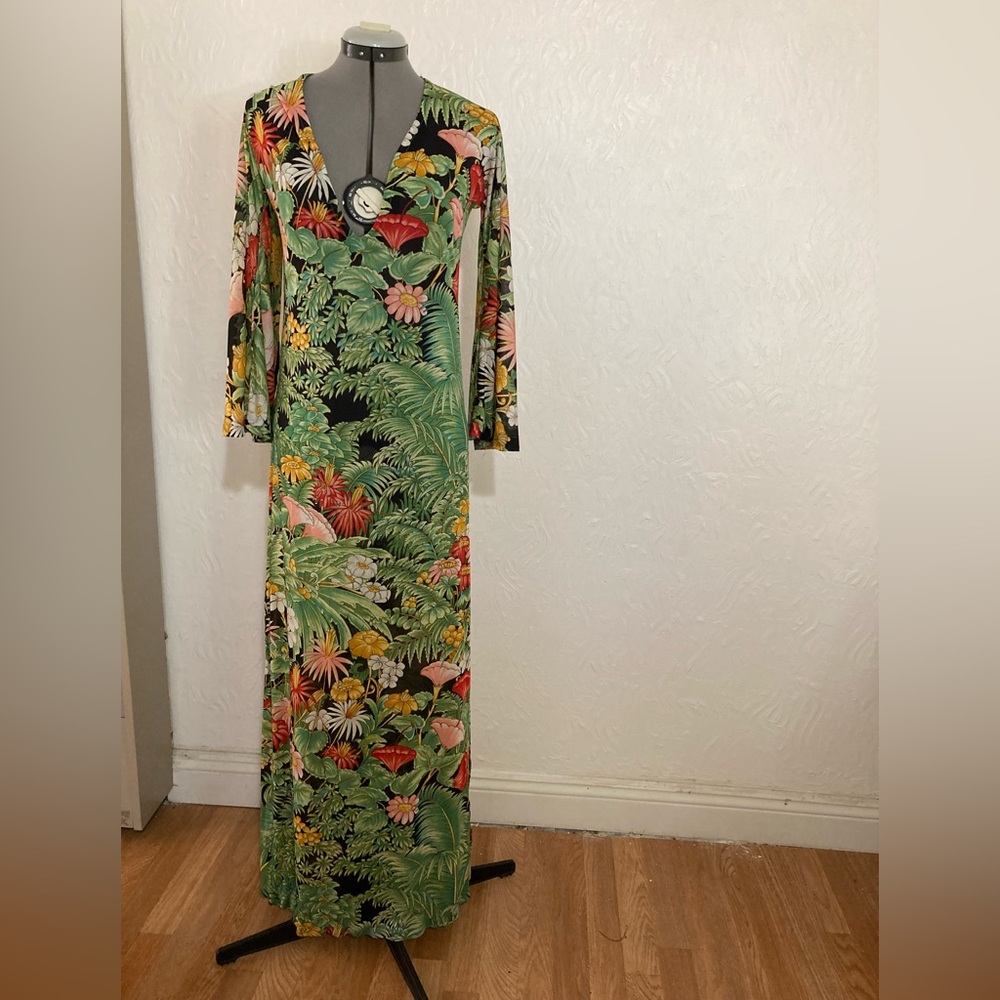 Vintage Gottex gorgeous Tropical Floral Long flared  Sleeve Dress, size S